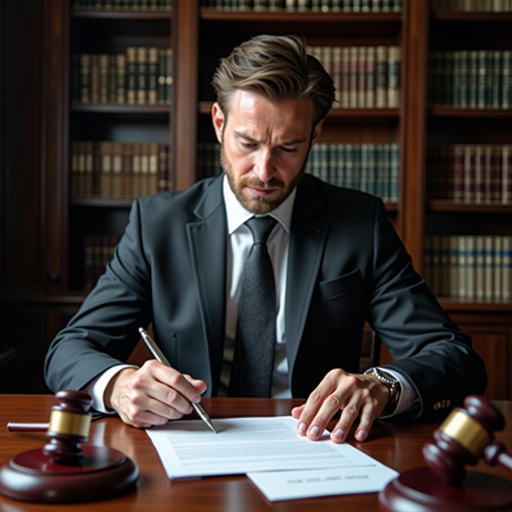 Avocat spécialisé en droit routier consultant des documents juridiques dans un bureau professionnel avec des livres de droit et un marteau de juge sur le bureau