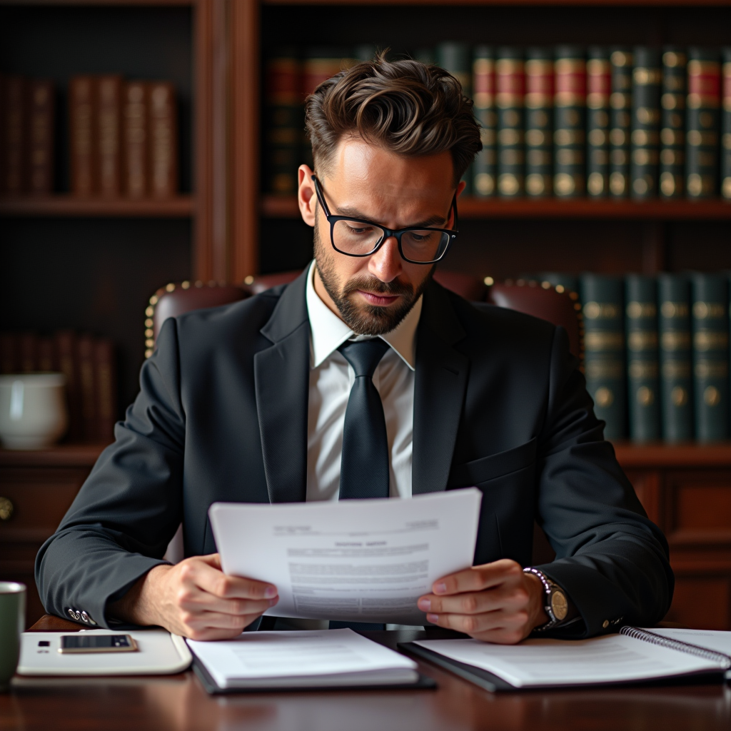 Avocat spécialisé en droit routier consultant un dossier d'infraction dans un bureau juridique élégant avec des livres de droit en arrière-plan