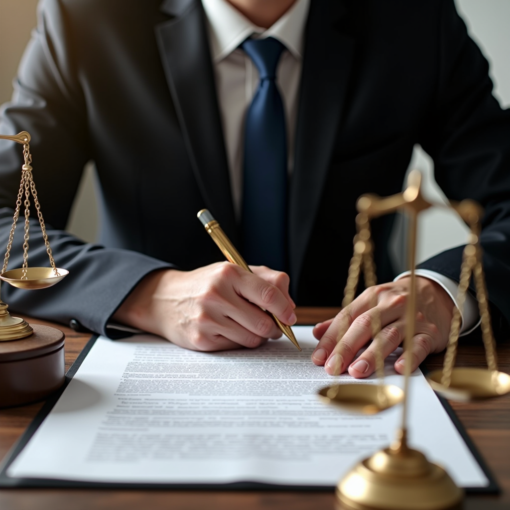 Avocat spécialisé en droit routier rédigeant un courrier de contestation d'amende sur un bureau professionnel avec code de la route, balance de justice et documents juridiques