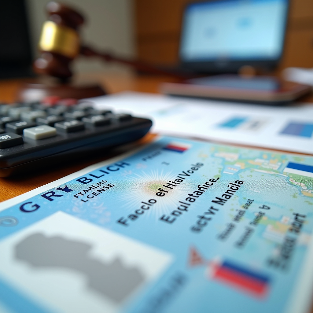 Gros plan sur un permis de conduire français avec des points visibles, calculatrice et documents juridiques sur un bureau, éclairage professionnel de cabinet juridique