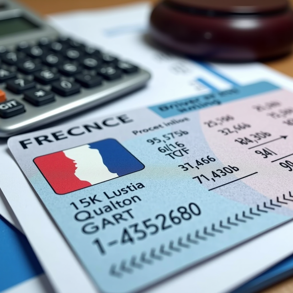 Permis de conduire français avec système de points visible, documents juridiques et calculatrice sur un bureau professionnel