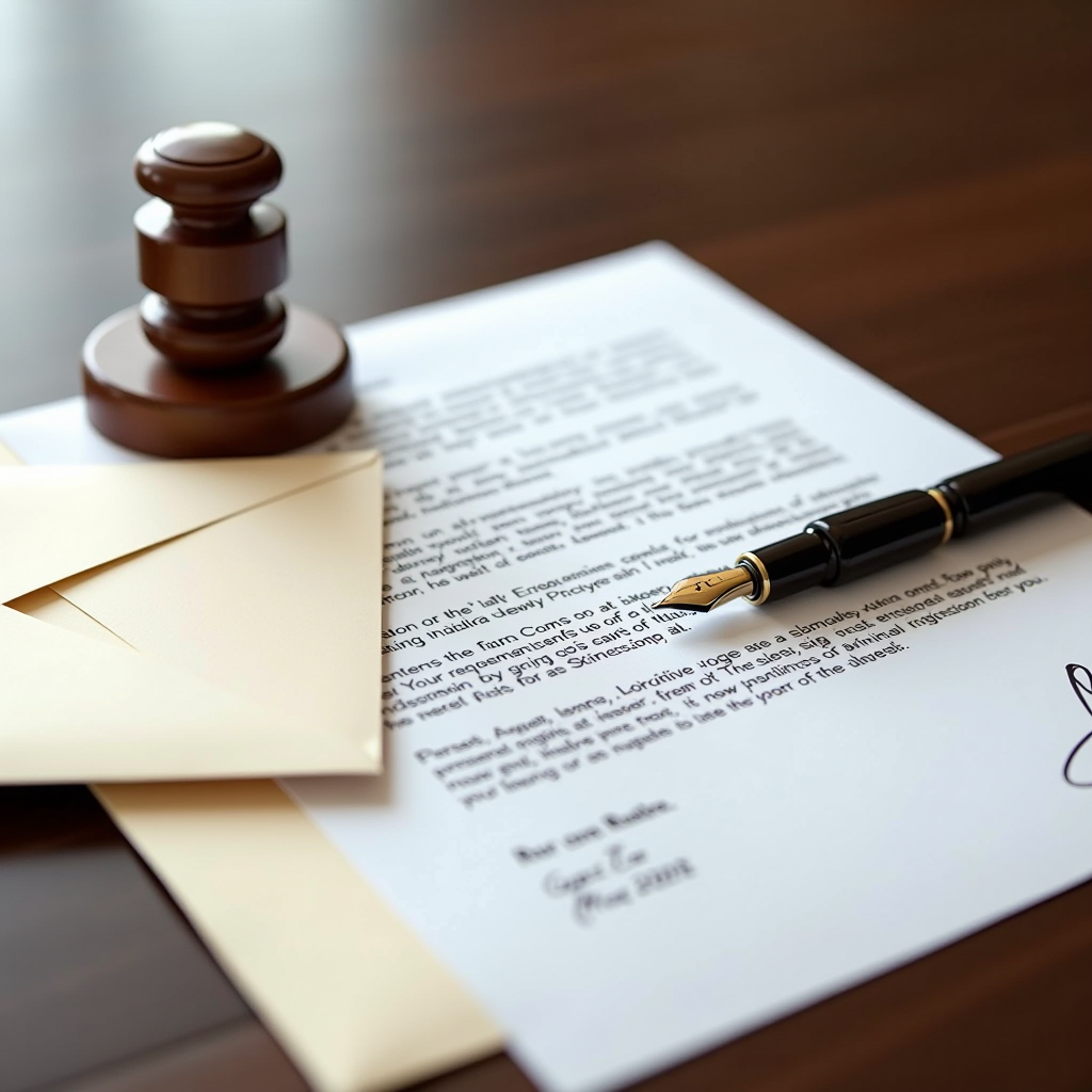 Lettre recommandée professionnelle de contestation avec tampon juridique, stylo plume et enveloppe sur papier à en-tête d'un cabinet d'avocats